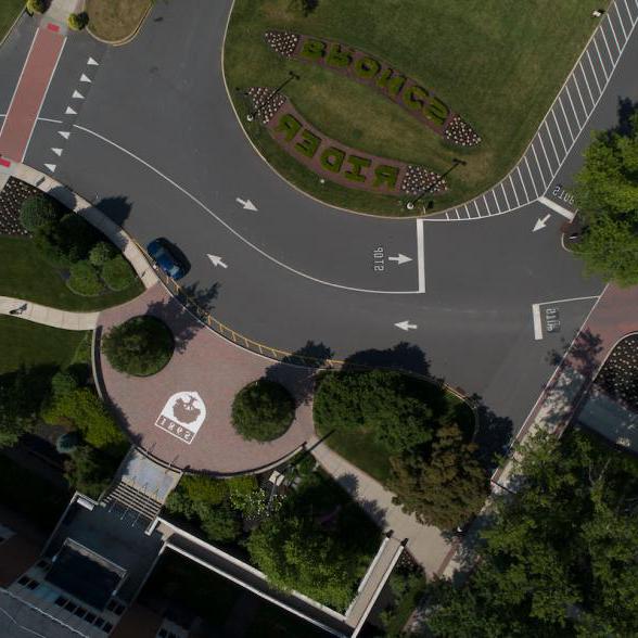 Overhead shot of campus bern and library