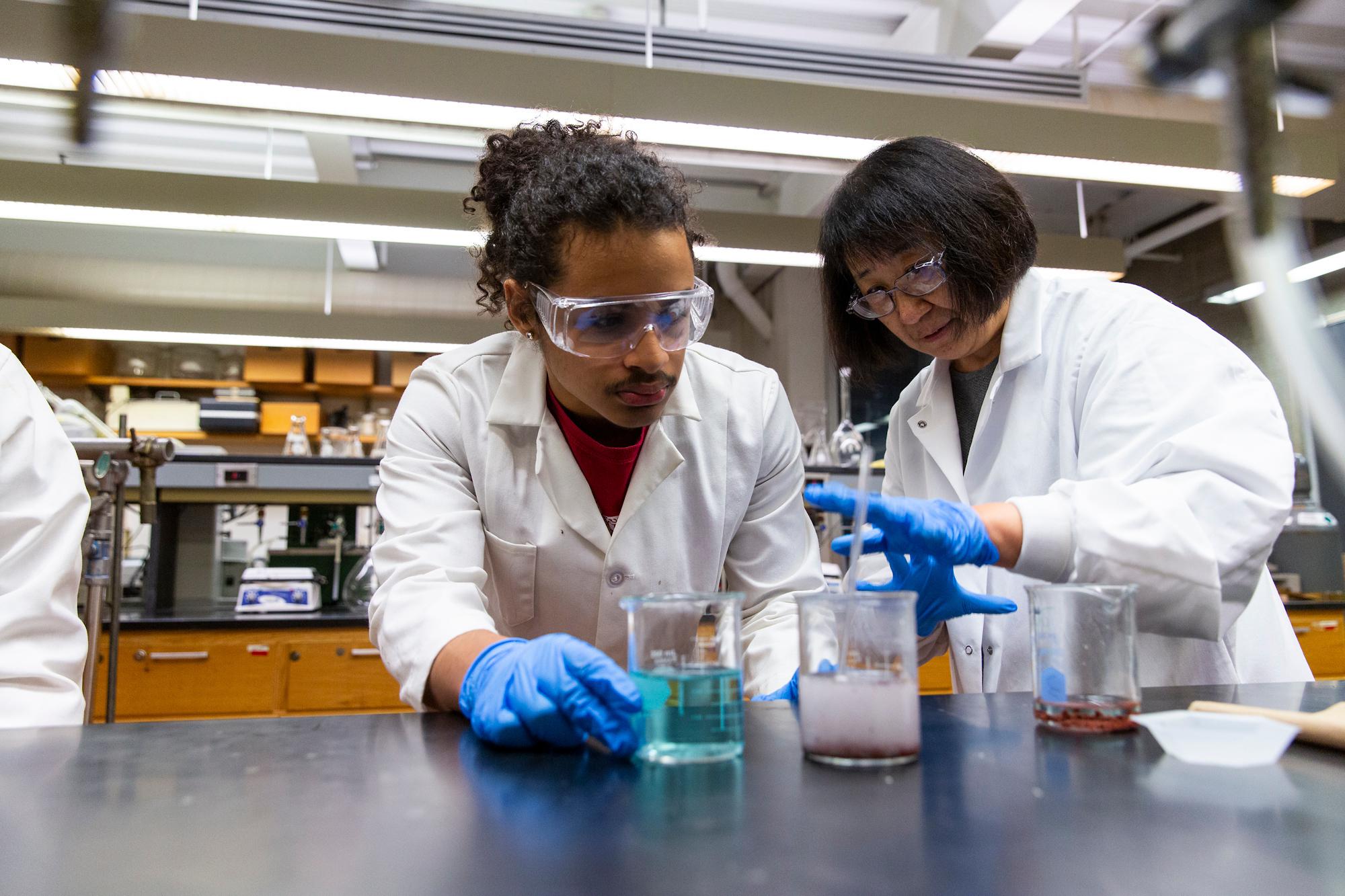 Chemistry professor Feng Chen works with student